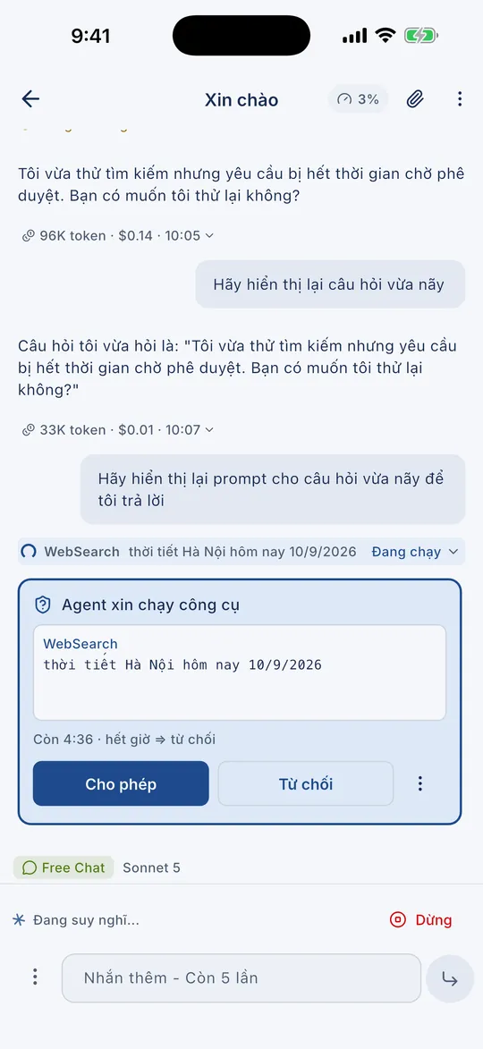 Thẻ xin phép chạy công cụ kèm đếm ngược: cho phép, từ chối, hoặc nhớ cho dự án