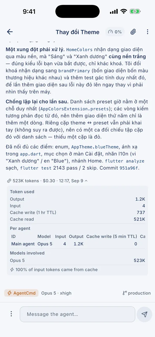 The app during a live turn: tool cards streaming in, a permission request, and the token cost of the turn.