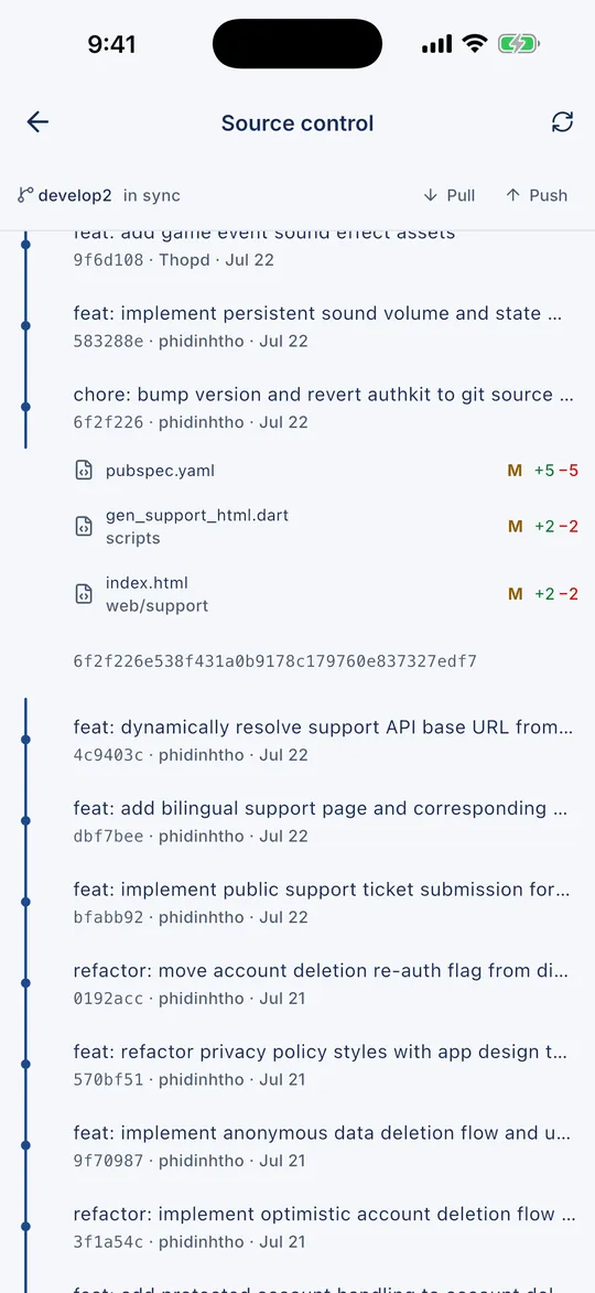 Commit history, diffs, pull and push