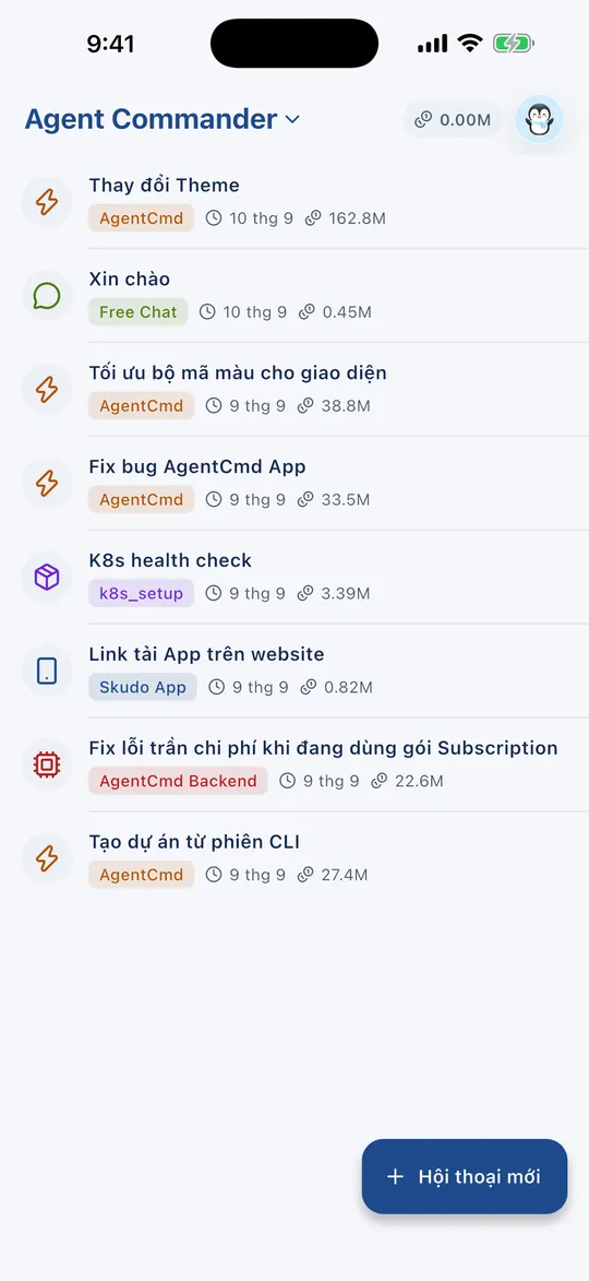Mọi hội thoại trên một màn, gắn thẻ theo dự án, kèm token đã tiêu