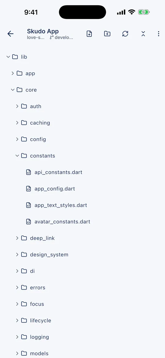 The project tree, with git badges on what changed